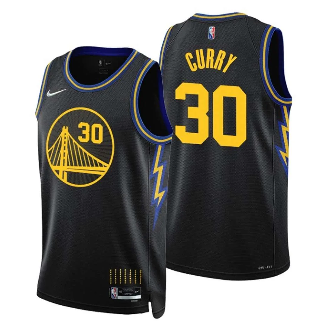Nike NBA 2022 Season Warriors No'30 Steph Curry Hot-Pressed Jersey Black Lightning