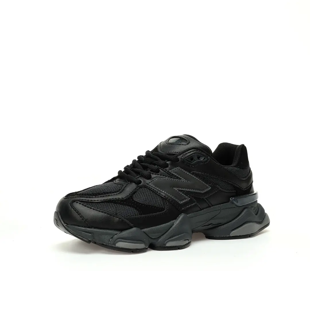 New Balance 9060 Triple Black Leather Leather All Black  Wearing - Image 2