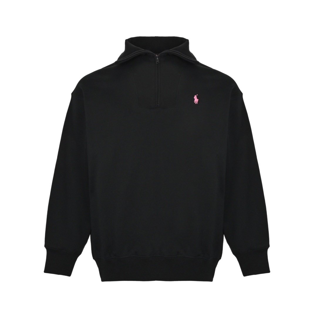 Ralph Lauren Black Half-Zip Sweatshirt Pink Label Embroidered Halfzip Sweatshirt