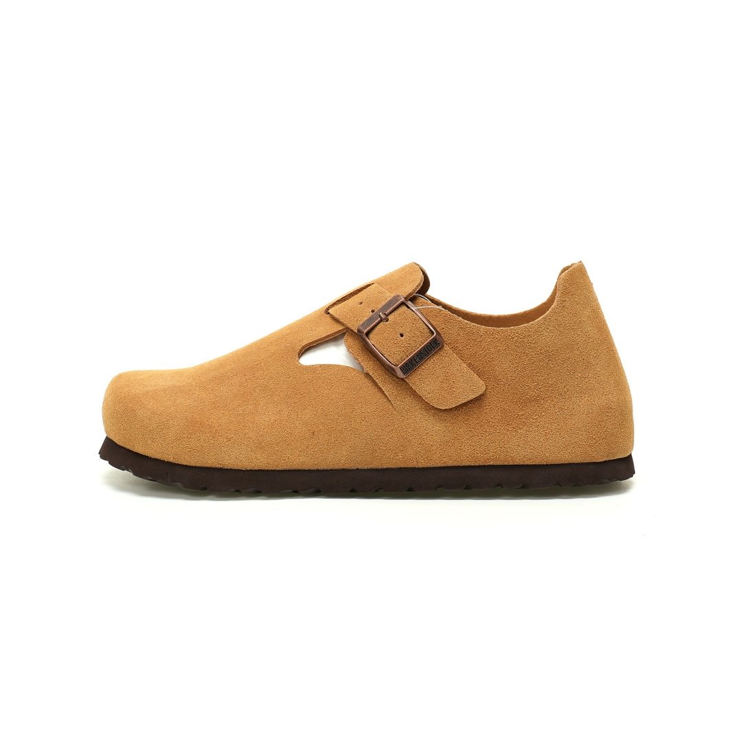 Birkenstock London Suede Leather Series Low-top Cowhide Flat-soled Retro Cork Casual Shoes Chestnut Brown