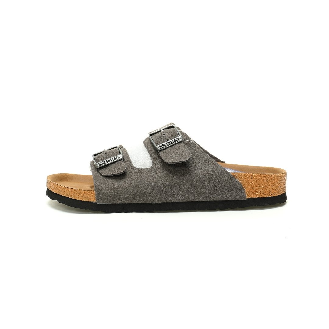 Birkenstock Arizona Sandals Suede Series Double Buckle Adjustable Retro Cork Sole Casual Anti-velvet Dark Gray