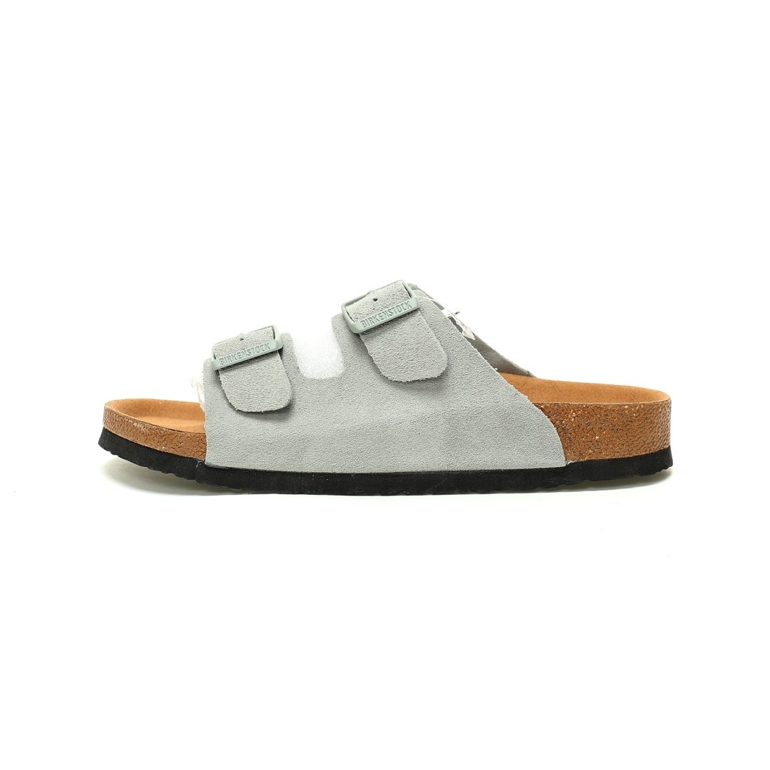 Birkenstock Arizona Sandals Suede Series Double Buckle Adjustable Retro Cork Sole Casual Anti-velvet Cold Gray Green