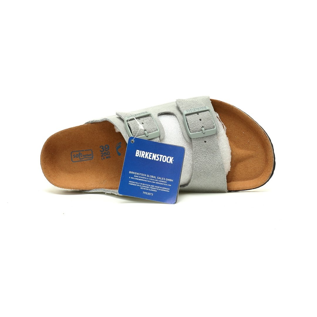 Birkenstock Arizona Sandals Suede Series Double Buckle Adjustable Retro Cork Sole Casual Anti-velvet Cold Gray Green - Image 4