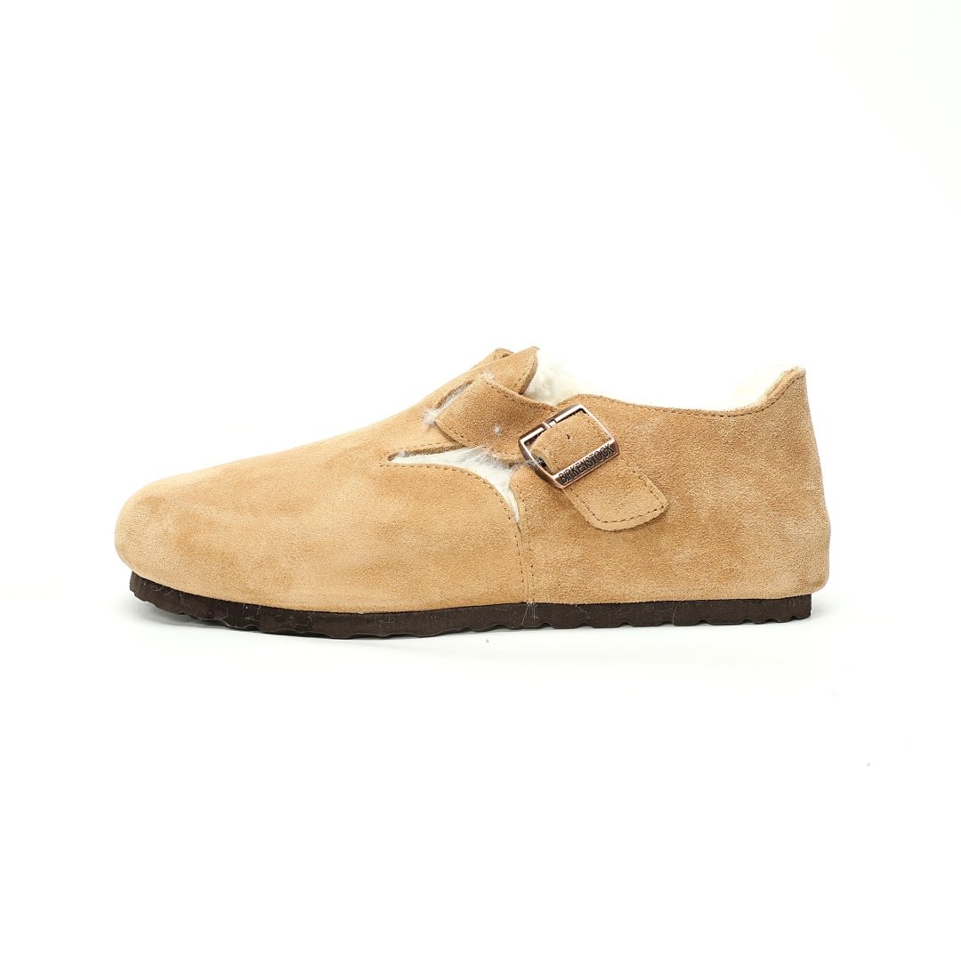 Birkenstock London Suede Leather Shearling Series Low-top Cowhide Flat-soled Retro Cork Apricot Beige Velvet