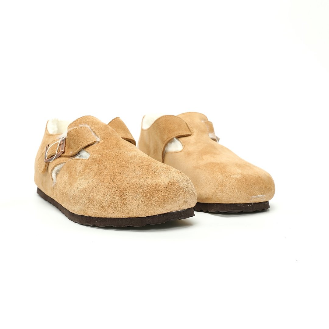 Birkenstock London Suede Leather Shearling Series Low-top Cowhide Flat-soled Retro Cork Apricot Beige Velvet - Image 6