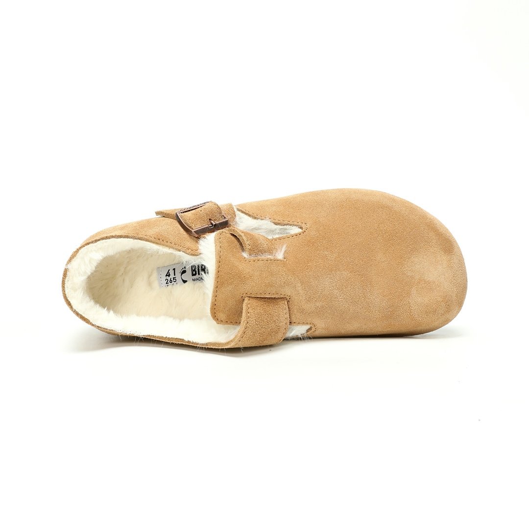Birkenstock London Suede Leather Shearling Series Low-top Cowhide Flat-soled Retro Cork Apricot Beige Velvet - Image 4