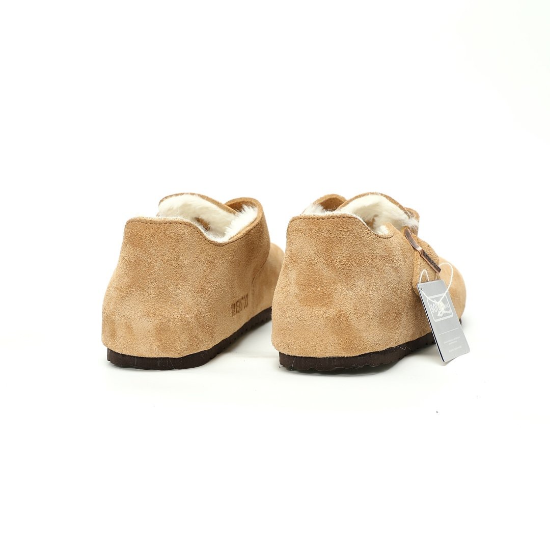 Birkenstock London Suede Leather Shearling Series Low-top Cowhide Flat-soled Retro Cork Apricot Beige Velvet - Image 7