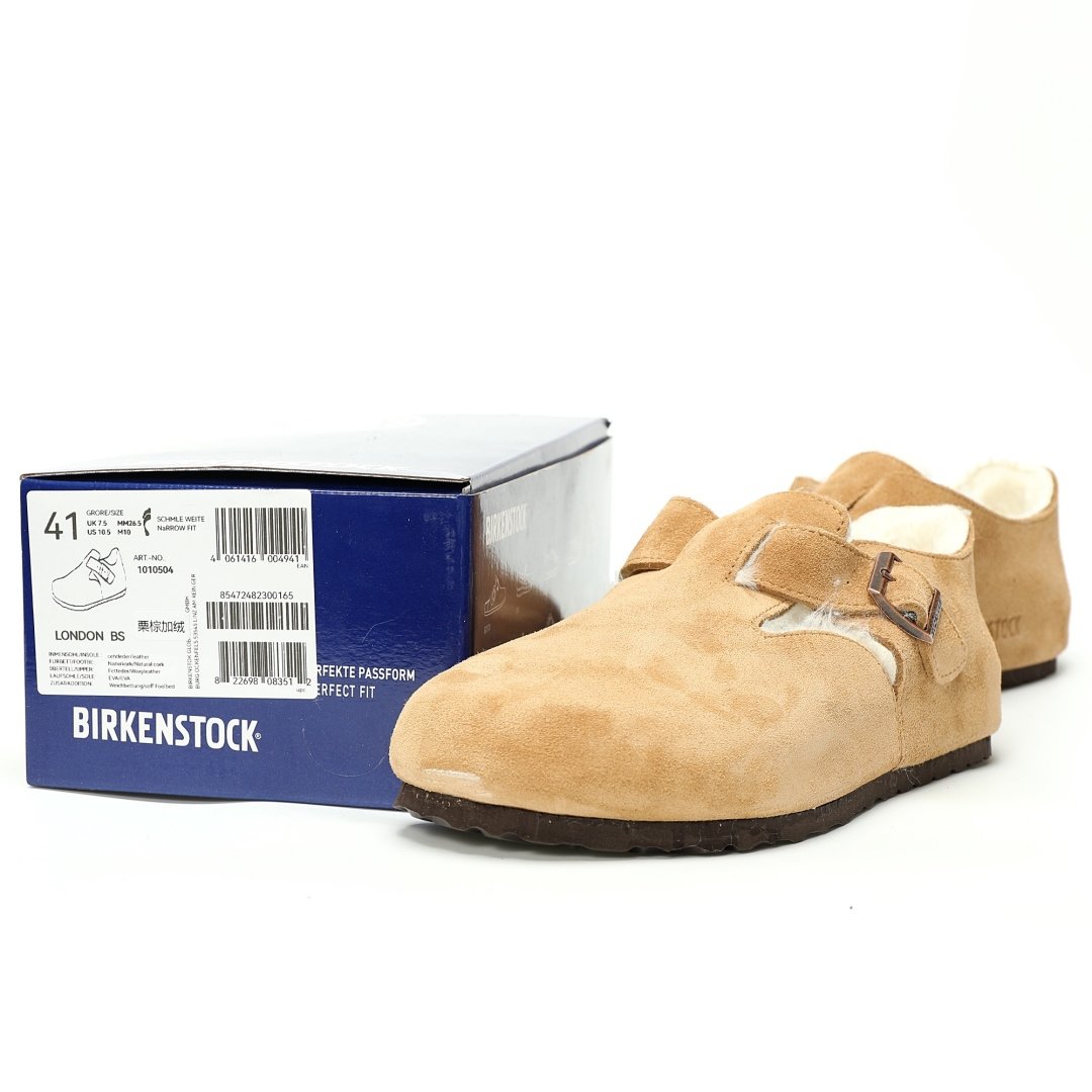 Birkenstock London Suede Leather Shearling Series Low-top Cowhide Flat-soled Retro Cork Apricot Beige Velvet - Image 10