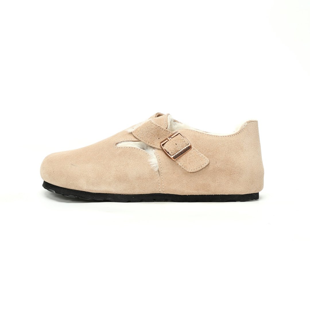 Birkenstock London Suede Leather Shearling Series Low-cut Cowhide Flat-soled Retro Cork Shammi White Velvet