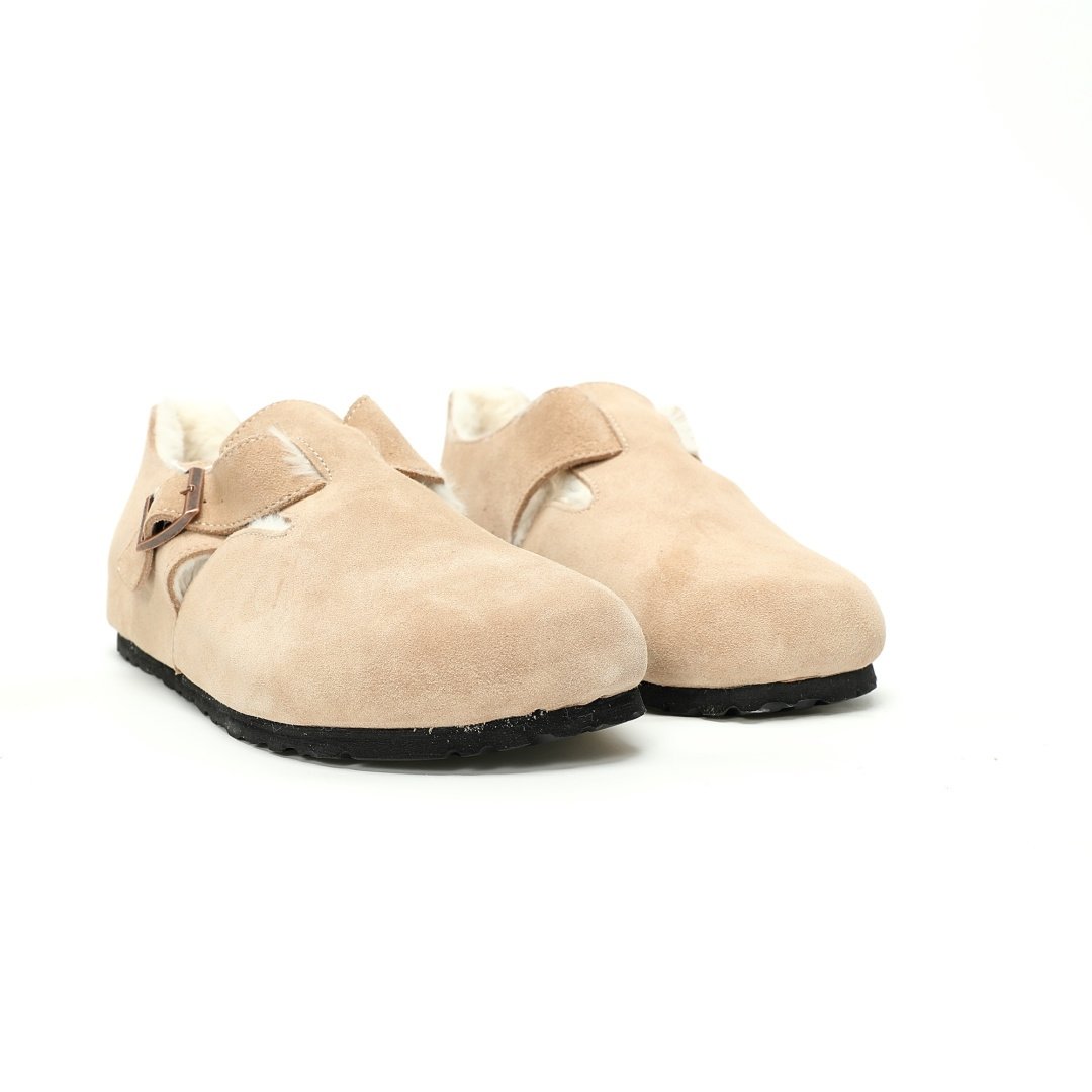 Birkenstock London Suede Leather Shearling Series Low-cut Cowhide Flat-soled Retro Cork Shammi White Velvet - Image 6