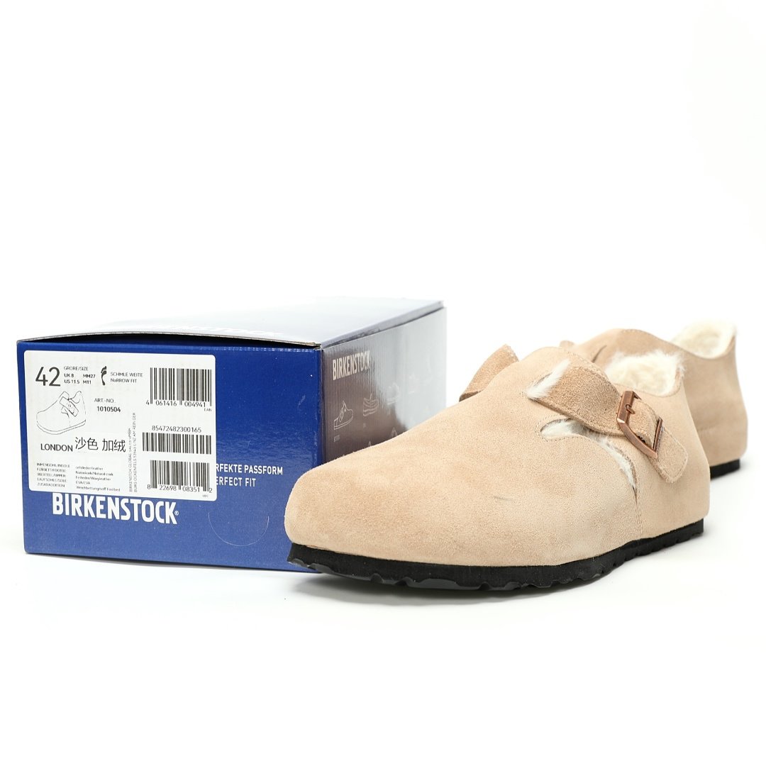 Birkenstock London Suede Leather Shearling Series Low-cut Cowhide Flat-soled Retro Cork Shammi White Velvet - Image 10